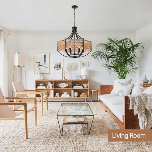25.6" Large Rattan Farmhouse Chandelier, 6-Light Boho Black Modern Chandelier Light Fixture, Rustic Wicker Chandelier with Woven Shade for Dining Room, Living Room, Bedroom - color: V-Weave Round Rattan, size: Large 6 light 25.6 inches