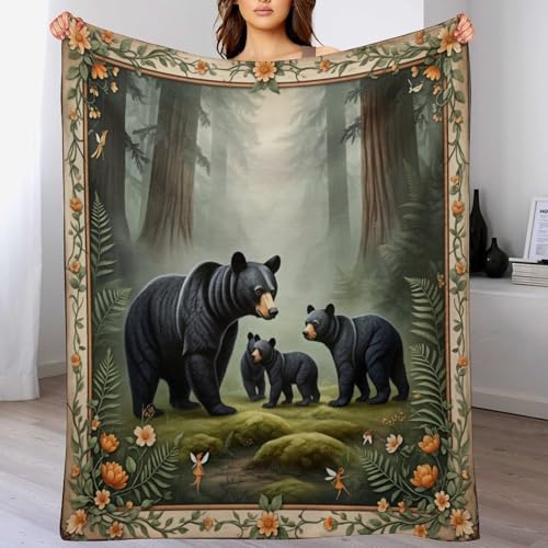 Fantasy Black Bear Forest Tree Flower Super Soft Throw Blanket, Mystical Fairy Green Flannel Fleece Decorative Throw for Sofa Couch Bedroom Decor Outdoor Use 40"x50" - color: Fantasy Black Bear Forest Tree Flower, size: 40"x50"