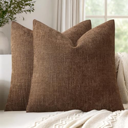 18x18 Inch Set of 2 Textured Throw Pillow Covers Decorative Soft Accent Square Chenille Pillowcases Neutral Farmhouse Cushions Modern Home Decor for Couch Sofa Bedroom Living Room,Honey Brown - color: Honey Brown, size: 18" x 18" (Pack of 2)