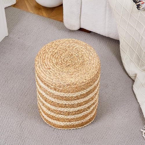 Wimarsbon 2Pcs Pouf Ottomans, Natural Seagrass Foot Stool, Hand Weaving Round Ottoman, Boho Decorative Seat, Jute Braided Pouffe Poof Accent Sitting Footrest for Living Room (Water Hyacinth-White) - color: 14inchwater Hyacinth Braid & White Cotton Rope