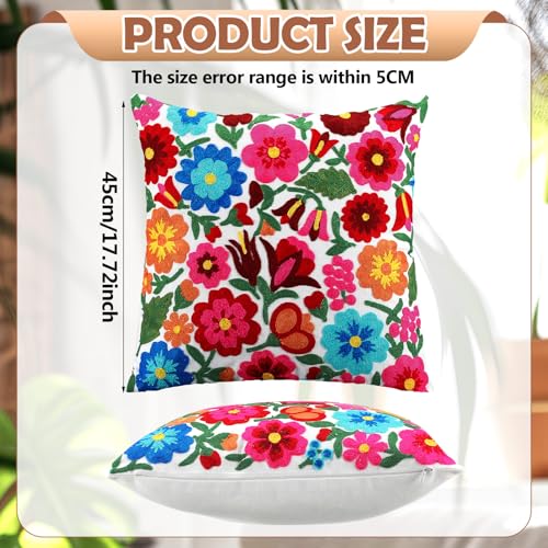HunnmingRe Mexican Embroidered Throw Pillow with Insert 18 x 18 Inch Mexican Boho Embroidered Pillow Cover Decorative Fiesta Colorful Floral Cushion Decor for Sofa Living Room Couch Bedroom(White) - color: White