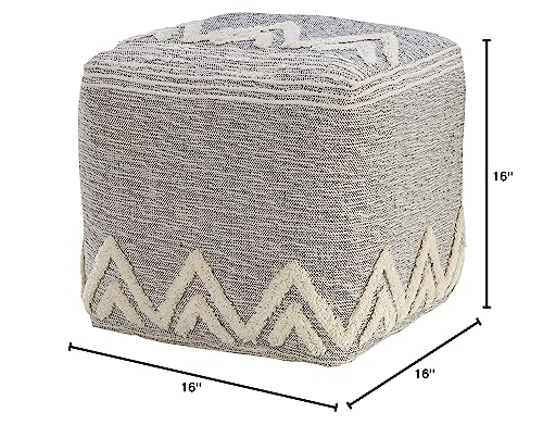 LR Home Gray/Ivory Geometric Hand-Woven Polyester Ottoman Pouf for Home Decor | Modern Transitional Foot Rest for Bedroom & Living Room Decor | 16 x 16 x 16 Stuffed Ottoman for Seating - color: Gray/Ivory, size: 16"D x 16"W x 16"H