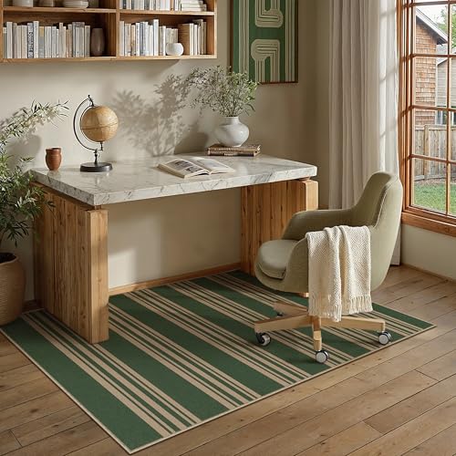 PureCozy Striped Easy Jute Rug 4x6 Green Entryway Carpet Washable Non Slip Office Door Mat Farmhouse Neutral Non Shedding Small Indoor Outdoor Rug for Bathroom Kitchen Bedroom Living Room - color: Green/Striped, size: 4' x 6' (Rectangular)