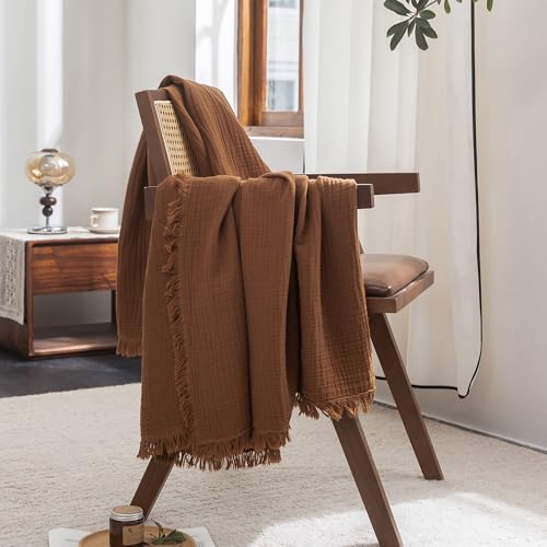 FOSSA Muslin Blanket with Fringe - 4-Layer 100% Cotton Gauze Super Soft & Breathable Throw -Lightweight Decorative Cooling Blanket for Bed, Sofa, Office -Throw XL Size 50" × 70" (Dark Orange) - color: Dark Orange, size: Throw XL (50" × 70")