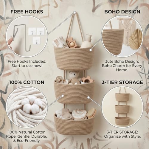 Hanging Wall Basket, Over the Door Hanging Basket with Hooks, Cotton Back of Door Organizer for Living Room, Bedroom, Boho Wall Decor, Toy Storage, Jute - color: Jute