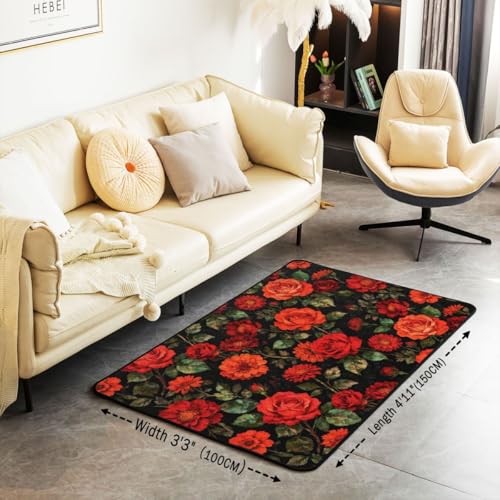 Erosebridal Vintage Dark Floral Area Rug 4'11" x 3'3" Red Orange Peony Living Room Rugs Garden Flower Decorative Carpet Black Romantic Indoor Floor Mat - color: Black Red, size: 3'3" x 4'11" (Rectangular)