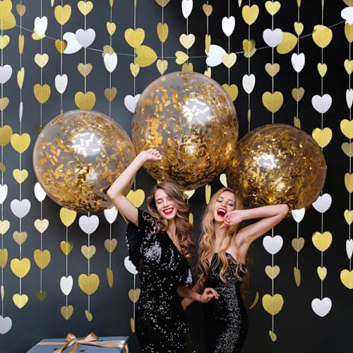 Gold-White Heart-Garland Streamers Engagement-Birthday Party-Decorations - 52Ft Glitter Champagne Hanging Banner Decor Wedding Congratulations Bachelorette Bridal Baby Shower Garsellen - color: Gold White Champagne