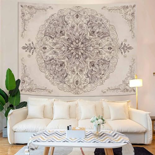 Wegklazax Vintage Floral Mandala Tapestry, Intricate Botanical Wall Art for Room Decor, Elegant Sketch Aesthetic Home Decor 80" L x 60" W - color: Ivory, size: 80"L x 60"W