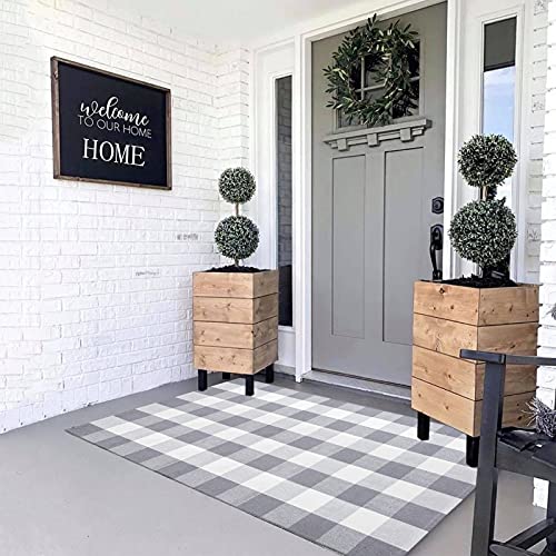 MUBIN Cotton Buffalo Plaid Rug, 3' x 5' Gray White Outdoor Rug Front Door Decorative Mat, Washable Doormat Hand-Woven Foldable Area Rug Layered Door Mats Rug for Front Porch, Entryway, Patio - color: Gray White Plaid, size: 3' x 5' (Rectangular)