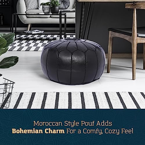 Marrakesh Gallery Genuine Leather Round Pouf Unstuffed - Moroccan Ottoman Footstool, Footrest Cover - Boho Decor - Bohemian Living Room, Bedroom, Kids Room, Gift & Wedding - color: Black By Black