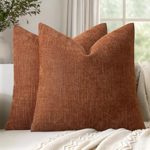Textured Throw Pillow Covers Decorative Soft Accent Chenille Pillows Neutral Farmhouse Cushions Modern Home Decor for Couch Sofa Bedroom Living Room 18x18 Inch Set of 2,Brown Rust - color: Brown, size: 18" x 18" (Pack of 2)