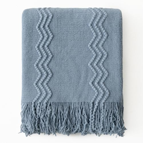 MIULEE Dusty Blue Cozy Knitted Throw Blanket for Couch Textured Knit Blanket with Tassels Woven Acrylic Wave Pattern Boho Blankets for Sofa Bed Chair 50"x60" - color: Dusty Blue, size: 50" x 60"
