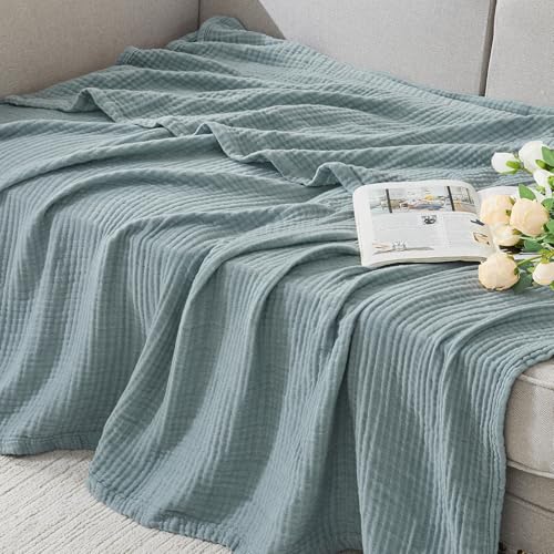 EMME Cotton Muslin Throw Blanket Couch Breathable Gauze Blanket Soft Lightweight Adults (Heather Teal, 50"x60") - color: 01 - Teal, size: Throw (50" X 60")