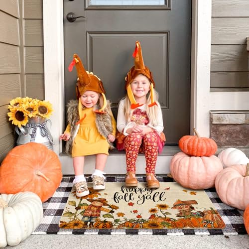 Fall Door Mat Outside,Happy Fall Y'all Scarecrow Pumpkins Welcome Mat for Front Door,Thanksgiving Autumn Doormat Indoor Outdoor Non-Slip Rugs for Farmhouse Home Porch Decorations 30" x 17" - color: Fall 5