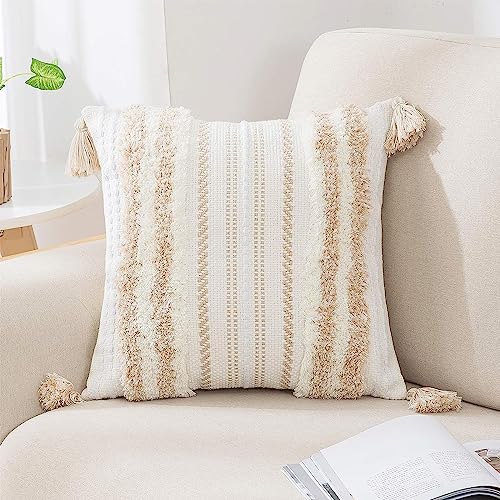 decorUhome Summer Decorative Boho Throw Pillow Cover 18x18, Accent Neutral Textured Tufted Pillow Cover Striped for Couch Bed Sofa, Khaki and Cream White, Pack of 1 - color: Khaki and Cream White, size: 18" x 18" (Pack of 1)