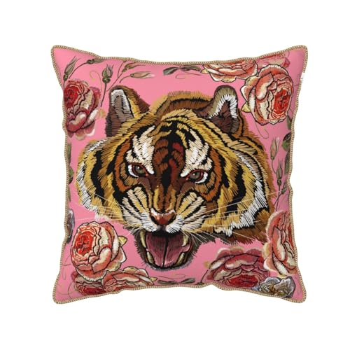 Tiger Floral Pink Velvet Pillow Covers 16x16 Inch Flower Animal Print Throw Pillows for Couch Farmhouse Cushion Covers Pillowcase Modern Pillow Cases for Sofa Bed Living Room Outdoor Decor - color: Tiger, size: 16" x 16" (Pack of 1)