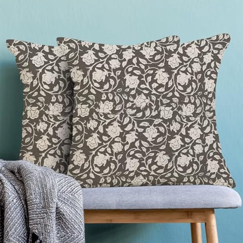 Taupe Floral Throw Pillow Covers 18x18 Set of 2, Flower Print Linen Decorative Pillow Cover Neutral Vintage Outdoor Cushion Cover Taupe Black Floral Pillowcase for Sofa Couch Farmhouse Room - color: Floral Black, size: 18" x 18" (Pack of 2)