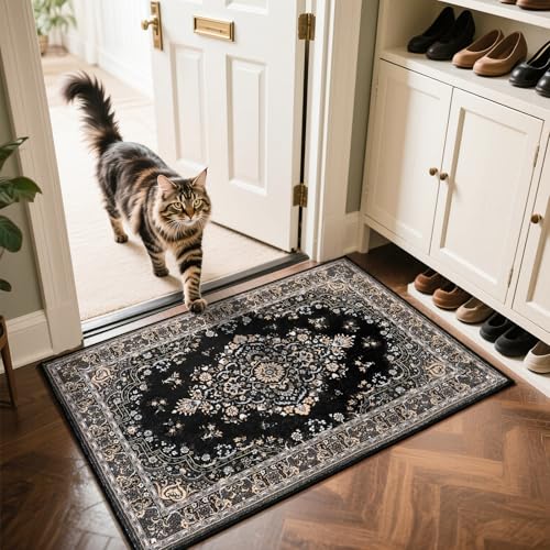 HOMORE 2x3 Area Rug Small Black Rugs for Bedroom, Washable Rug for Entryway, Non Slip Low Pile Indoor Door Mat for Entrance Small Kitchen Rugs Vintage Floral Rug for Living Room Dorm Decor - color: Black, size: 2' x 3' (Rectangular)