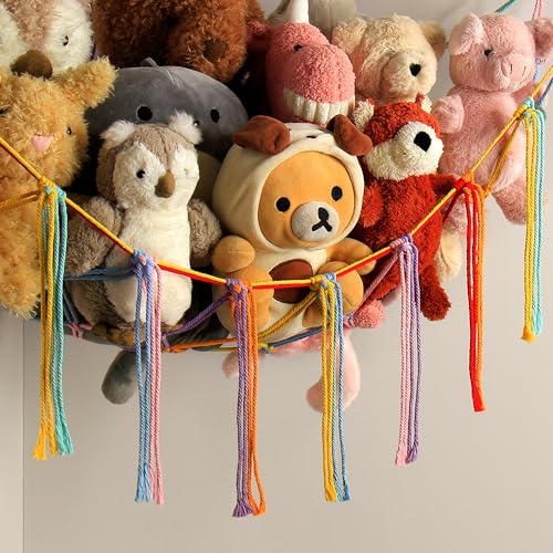 Stuffed Animal Hammock Corner Storage Net Cute Preppy Trendy Stuff Gifts for Teen Girls Baby Room Living Room House Wall Nursery Decor Rainbow Color Colorful Unicorn Hanging Organizers Organization - color: Rainbow, size: Standard(41.5"L x 55.2"W x 41.5"H