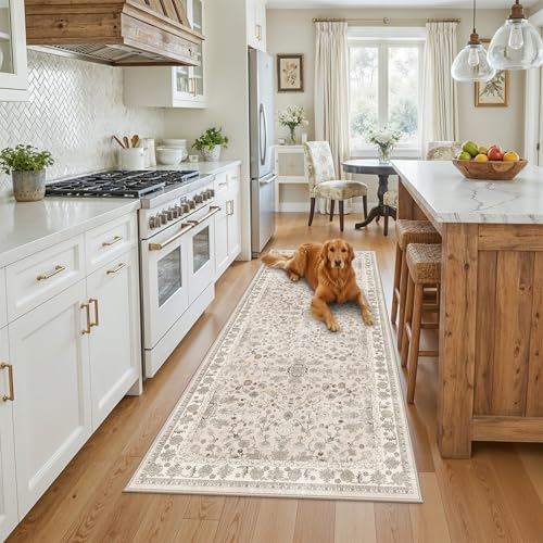 3x7 Washable Non-Slip Kitchen Runner Rug – Soft Low-Pile Stain-Resistant Carpet for Hallway Entryway Bedroom Laundry Room Bathroom – Boho Floral Wide Floor Runner with Rubber Backing (Beige,3x7) - color: Beige, size: 3' x 7' (Rectangular)