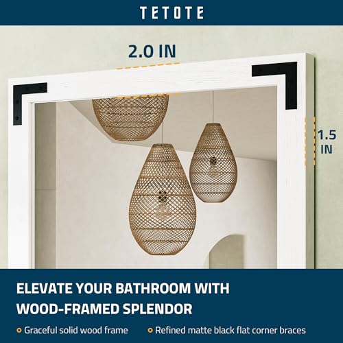 TETOTE 22 x 30 White Wood Framed Mirror for Bathroom Wall/Bedroom/Living Room/Entryway Farmhouse Rustic Bathroom Vanity Mirror for Wall Waterproof (Horizontal/Vertical Mounted) - color: White Wood, size: 30"L x 22"W