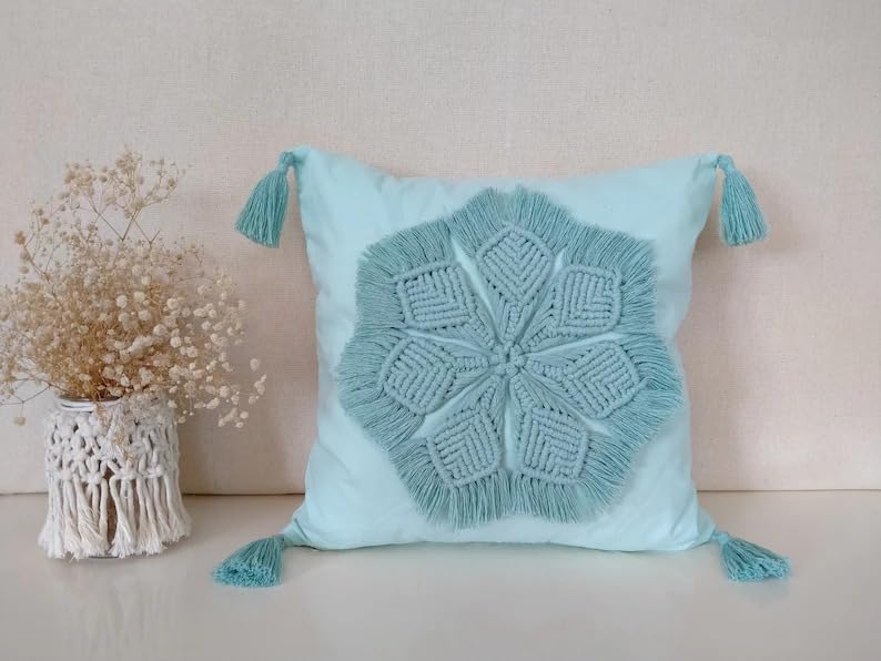 Boho Macrame Floral Throw Pillow Cover with Corner Tassels, Light Turquoise Hand Knitted Fringe Decorative Square Cushion Case for Sofa Couch Bedroom Home Decor, 18x18 Inch (Pillow Insert Not Included