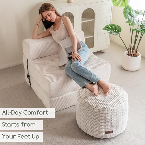 HIGOGOGO Pouf Ottoman Stuffed Round Modern Foam Filled Foot Rest Poufs for Living Room Chair Decorative 20 X 15 Inches Boho Relax Stool for Wedding Christmas Party, Beige - color: Beige, size: 20"D x 20"W x 15"H