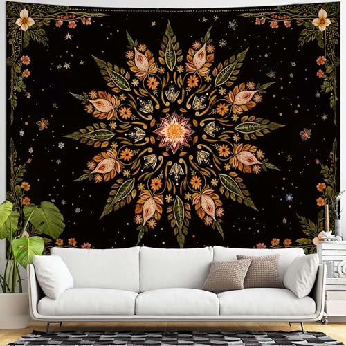 Fowocu Boho Floral Mandala Tapestry for Bedroom Aesthetic Vintage Bohemian Flower Wall Tapestry Black Green Hippie Indian Extra Large Tapestries Wall Hanging for Living Room Dorm Decor 90 x 68 Inch - color: Black Green, size: 90"L x 68"W