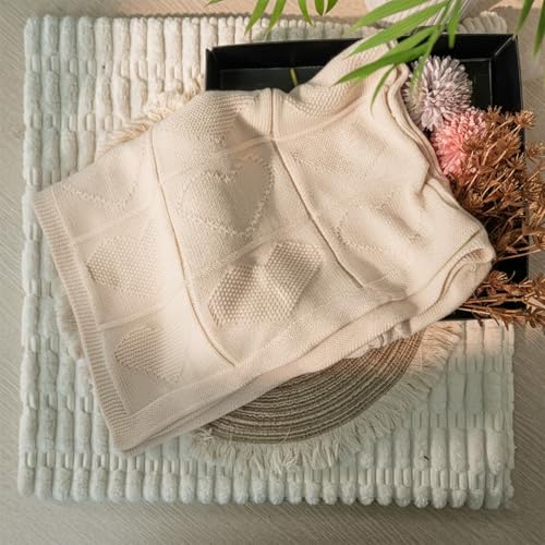 Baby Knit Cotton Blanket Cream Heart Design Cozy Stroller Crib Throw Soft Nursery Gift Baby Shower Birthday Christmas Size 36x28 - color: Cream, size: 36"x28"