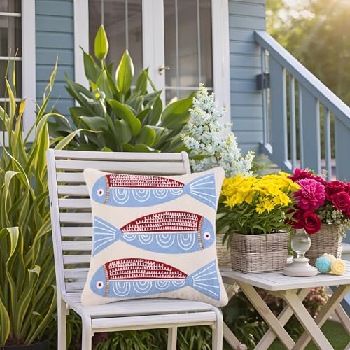 LUOYEHK Summer Embroidered Throw Pillow Covers 18x18 Inch Pack of 2 Coastal Canvas Beach Cushion Covers for Couch Sofa Bed Living Room (Red Fish) - color: A Pair of Seahorses