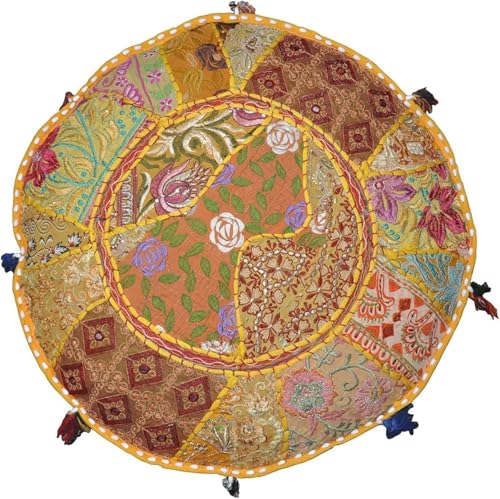 Bohemian Indian Patchwork Ottoman Pouf Cover – 18"x13" inch Round Cotton Embroidered Footstool Pillow – Vintage Ethnic Decor, Yellow (Cover Only) - color: Yellow, size: 18"D x 18"W x 13"H