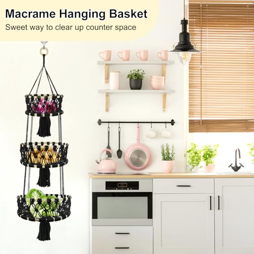 3-tier Hanging Fruit Baskets for Kitchen, Woven Cotton Rope Fruit Hammock, Macrame Hanger Holder for Fruit Vegetable Produce Storage & Organization, Boho Hanging Plant Holder for Indoor Outdoor - color: Black