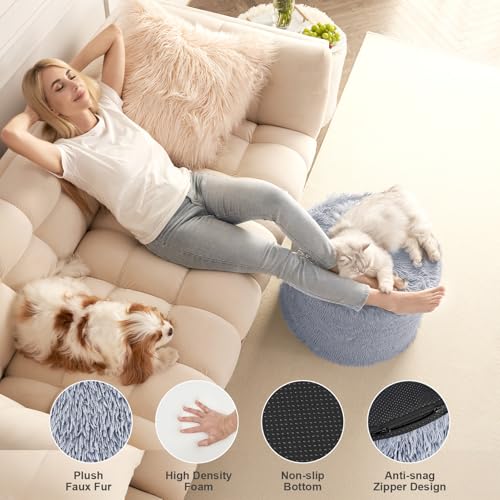 Hansleep Round Stuffed Pouf Ottoman 17 x 14, Foam Filled Faux Fur Ottoman Foot Rest for Chair with Washable Cover, Foot Stools Under Desk for Living Room & Bedroom, Grey - color: Grey, size: 17"D x 17"W x 14"H
