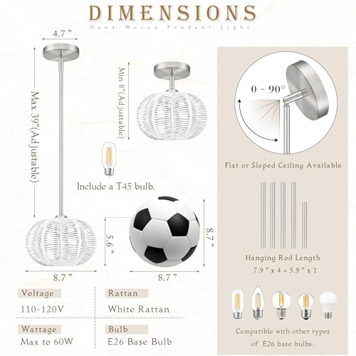 White Mini Rattan Pendant Light Hemp Rope Rattan Light Fixture Woven Pendant Wicker Chandelier Boho Chandelier for Kitchen Island - color: 8.7" White