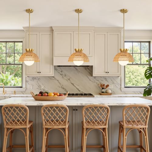 2 Pack Rattan Pendant Light, 11.8" Hand Woven Boho Pendant Light Fixture with Milk Glass Globe, Gold Kitchen Island light Fixtures Adjustable Chandelier for Dining Room Hallway Foyer Restaurant - color: Gold-2 Pack