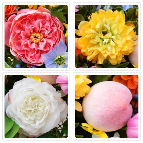 Soomeir Artificial Hanging Flowers Basket for Outdoor, Faux Hanging Plants, Garden-Style Mixed Blooms with Roses, Dahlia & Gerbera, Decorative Fruit & Lush Greenery for Porch, Patio, Balcony