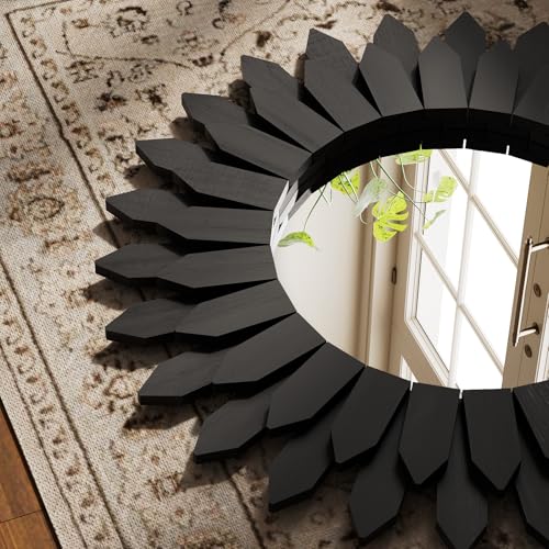 Boho Wood Sunburst Round Wall Mirror, 20 Inch Rustic Circle Wooden Frame Decorative Mirror for Farmhouse Coastal Home, Home Wall Decor for Living Room Entryway Bedroom, Black - color: Black, size: 20"L x 20"W