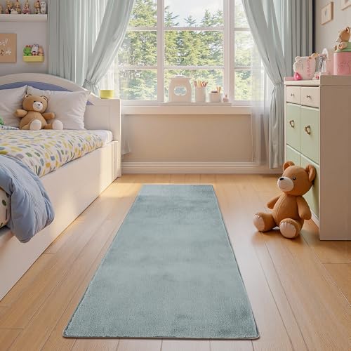 jinchan Solid Plush Runner Rug 2x6 Performance Shaggy Washable Hallway Rug Soft Modern Faux Wool Cozy Non Slip Carpet for Bedroom Laundry Room Living Room Kids Nursery Slate Blue - color: Solid Slate Blue, size: 2' x 6' (Runner)