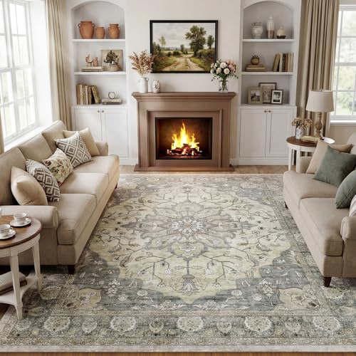 9x12 Area Rugs for Living Room, Machine Washable Boho Vintage Rug, Waterproof Surface & Non-Slip Backing, Foldable Soft Low Pile Floral Medallion Carpet for Bedroom Dining Room - color: Beige/Grey, size: 9' x 12' (Rectangular)