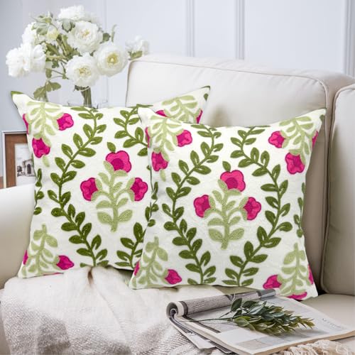 Alysheer Summer Decorative Throw Pillow Covers 18"x 18" Set of 2, Floral Embroidered Farmhouse Hot Pink Flowers Green Vine Patterned Cotton Canvas Cushion Case for Sofa Couch Bed Living Room Decor - color: Hot Pink, size: 18" x 18" (Pack of 2)