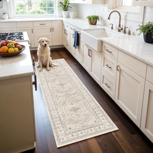2x6 Runner Rug for Hallway Washable: Non Slip Kitchen Rugs with Rubber Backing Soft Waterproof Mats Stain Resistant Indoor Vintage Carpet Runner for Bedroom Bathroom Laundry Entryway Beige/Gray - color: Beige/Gray, size: 2' x 6' (Rectangular)