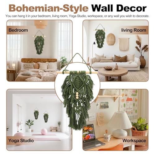 ASTIMESA 2 Packs Handmade Macrame Leaves Wall Hanging Decor, Vintage Woven Leaf Tapestry, Chic Boho Wall Art with Tassels Beads for Living Room Bedroom Home Green - color: Green