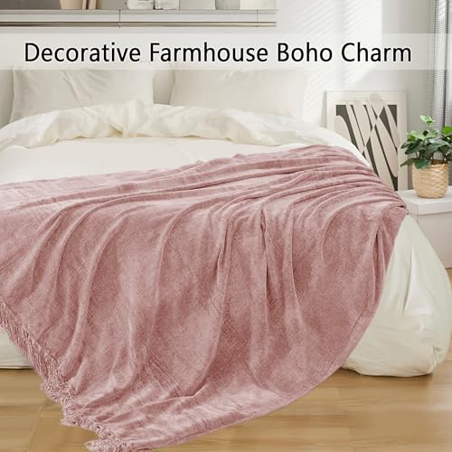 Chenille Throw Blanket for Couch 60"X 80" Twin, Soft Cozy Throws with Fringe Tassel for Bed Sofa Chair Cover, Lightweight Knitted Decorative Boho Blankets for Living Room, Dusty Pink - color: Dusty Pink, size: 60x80 inch