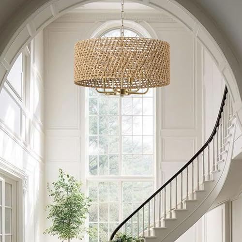 20" Large Boho Rattan Chandeliers for Dining Room, 6-Light Rattan Hand-Woven Drum Wicker Farmhouse Chandelier Large Vintage Chandelier Pendant Light Fixture for Kitchen Island Entryway(Gold) - color: B-Gold 6-Light 20" Drum