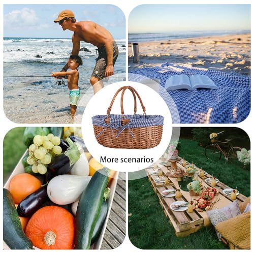 Large Wicker Picnic Basket with Handles,Handle Sturdy Woven Body with Removable and Washable Lining,Outdoor Camping,Gift Packing,Garden Picking, Storage.Blue - color: Blue