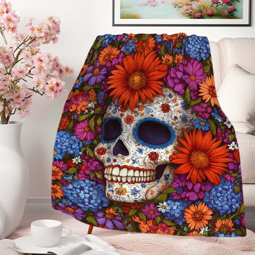 Sugar Skull Throw Blanket, Gift for Women and Men, Day of Dead Theme, Lightweight Fleece for Halloween Home Decor, Couch and Chair, 40x50 Inches - color: Skull Flower