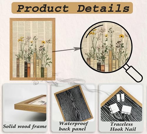 Framed Book Wildflower Wall Art, Vintage Dictionary Floral Canvas Print Poster, Boho Library Wall Decor for Living Room Bedroom, Rustic Home Decoration, - color: Newspaper flowers, size: 24"L x 16"W