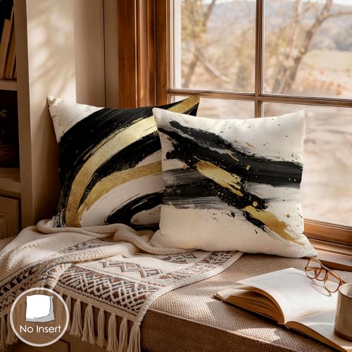 OBSEDE Abstract Black Gold Ink Brush Strokes Throw Pillow Covers 18 × 18 in, Set of 4, Couch Cushion Cases Inserts for Sofa Bed Living Room Home Decor, Single Side Print - color: Gold Ink Abstract Brushstrokes, size: 18" x 18" (Pack of 4)