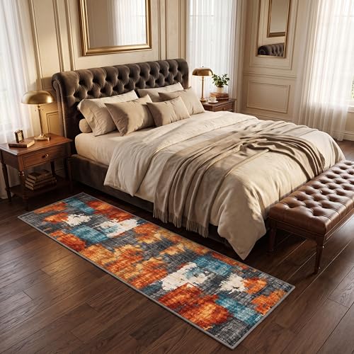 2x6 Area Rug for Living Room,Modern Abstract Burnt Orange Rug,Terracotta and Teal Brushstroke,Washable Rug,Non Slip, Hallway, Entryway, Bedroom Side, Kitchen Walkway - color: Burn Orange, size: 2' x 6' (Rectangular)
