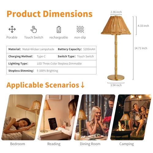 Mr.White Rechargeable Cordless Table Lamp with Wicker Shade, 5200mAh Battery Operated Portable Table Light with Touch Control, for Patio Restaurant Kitchen Dinner (Gold) - color: Gold+Wicker Lampshade